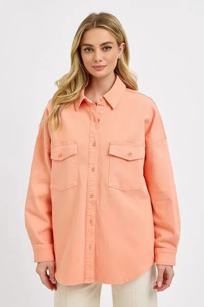 RISEN Full Size Button Down Long Sleeve Denim Shacket with Chest Pockets Plus Size - Reed + Raven