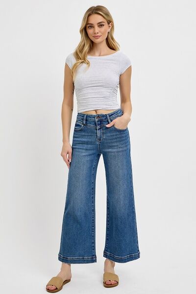 RISEN Full Size High Rise Crop Wide Leg Front Yoke Detail Jeans Plus Size - Reed + Raven