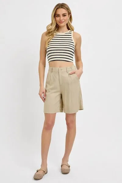 RISEN High Rise Pleated Front Shorts - Reed + Raven