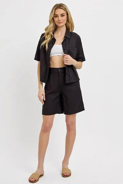 RISEN High Rise Pleated Front Shorts - Reed + Raven
