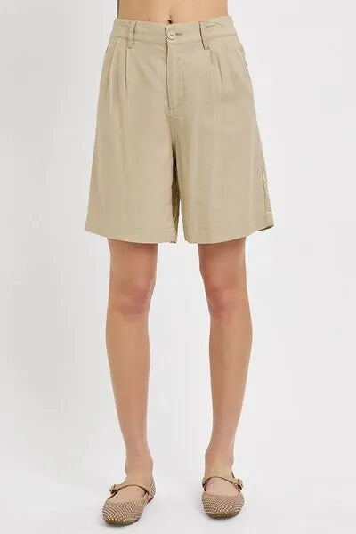 RISEN High Rise Pleated Front Shorts - Reed + Raven