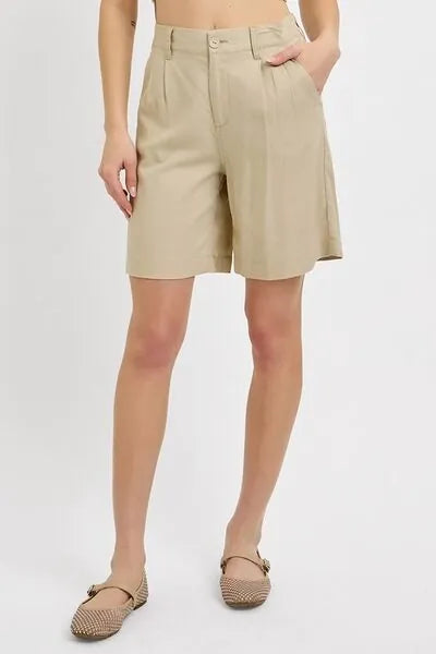 RISEN High Rise Pleated Front Shorts - Reed + Raven