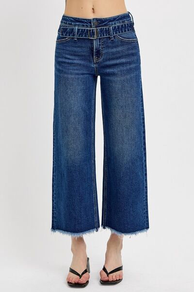 RISEN Raw Hem Wide Leg Attached Buckle Jeans - Reed + Raven