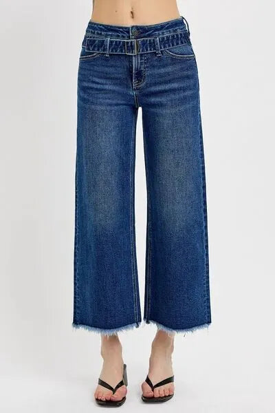 RISEN Raw Hem Wide Leg Attached Buckle Jeans - Reed + Raven