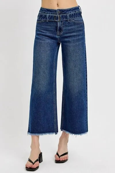 RISEN Raw Hem Wide Leg Attached Buckle Jeans - Reed + Raven