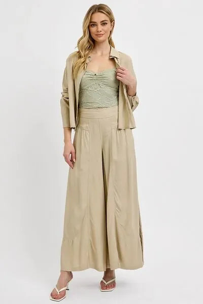 RISEN Shirring Detail Wide Leg Pants - Reed + Raven