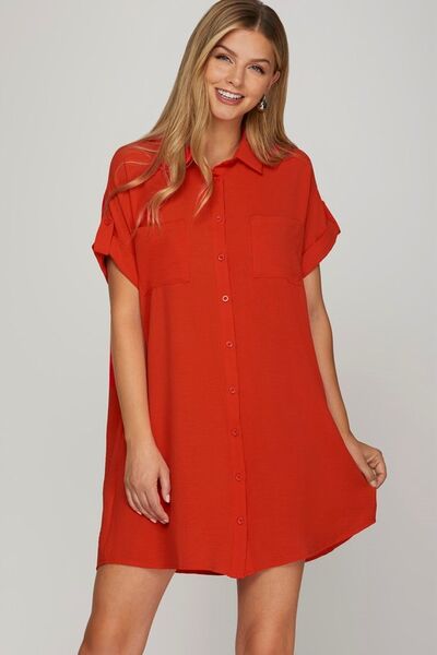 She + Sky Full Size Button Down Short Sleeve Woven Shirt Dress Plus Size - Reed + Raven