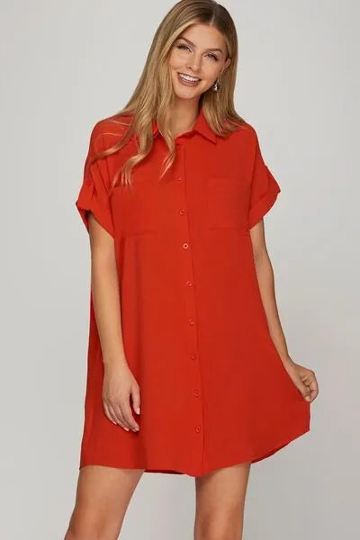 She + Sky Full Size Button Down Short Sleeve Woven Shirt Dress Plus Size - Reed + Raven