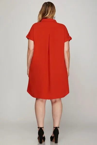 She + Sky Full Size Button Down Short Sleeve Woven Shirt Dress Plus Size - Reed + Raven