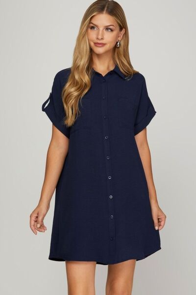 She + Sky Full Size Button Down Short Sleeve Woven Shirt Dress Plus Size - Reed + Raven