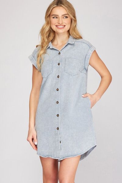 She + Sky Full Size Folded Cuff Button Down Washed Twill Shirt Dress Plus Size - Reed + Raven