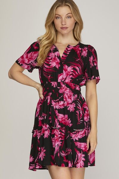 She + Sky Full Size Printed Notched Short Sleeve Frill Tiered Dress Plus Size - Reed + Raven