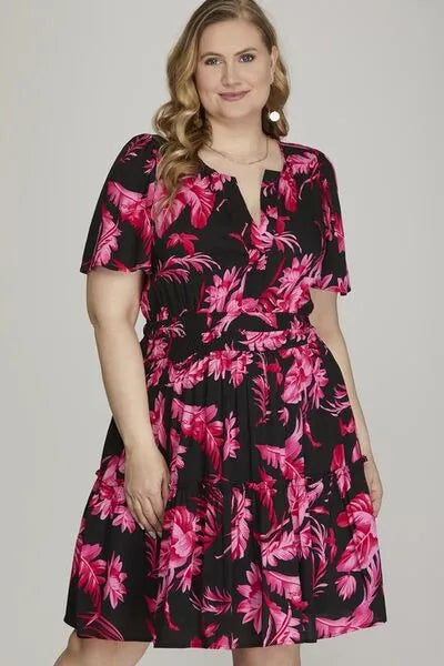 She + Sky Full Size Printed Notched Short Sleeve Frill Tiered Dress Plus Size - Reed + Raven