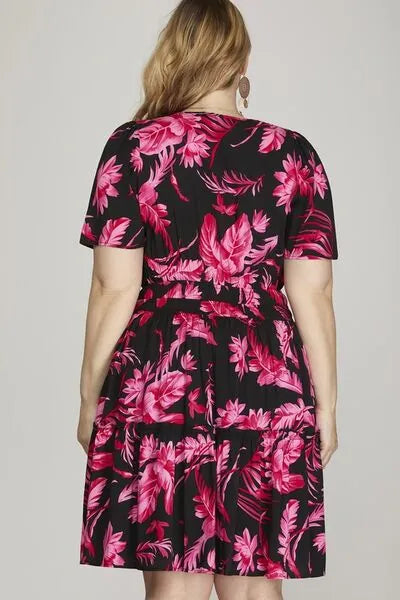 She + Sky Full Size Printed Notched Short Sleeve Frill Tiered Dress Plus Size - Reed + Raven