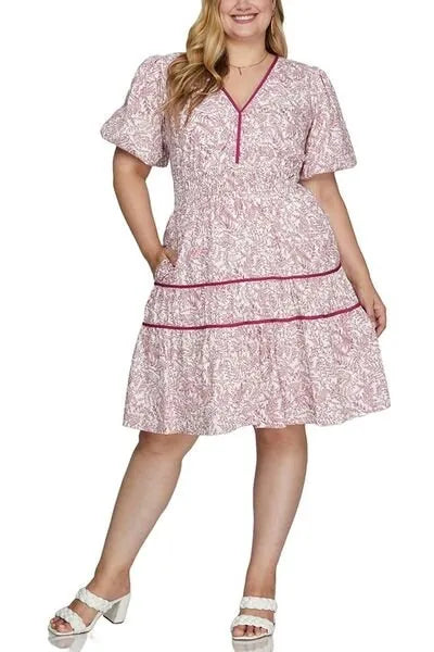 She + Sky Full Size Printed V - Neck Puff Sleeve Tiered Dress Plus Size - Reed + Raven