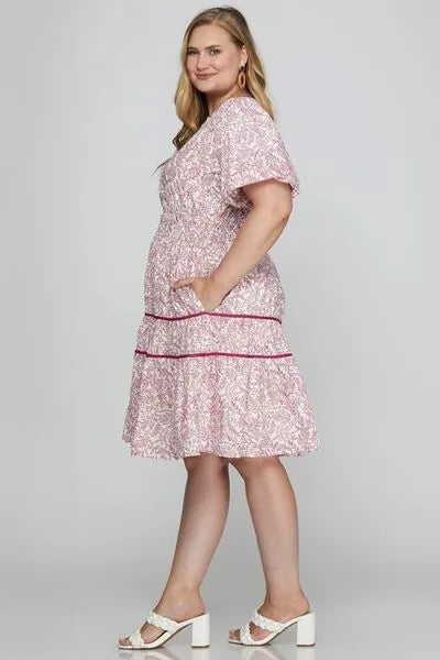 She + Sky Full Size Printed V - Neck Puff Sleeve Tiered Dress Plus Size - Reed + Raven