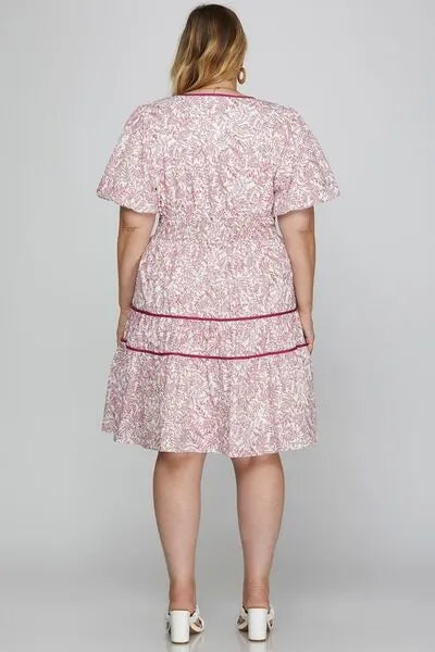 She + Sky Full Size Printed V - Neck Puff Sleeve Tiered Dress Plus Size - Reed + Raven