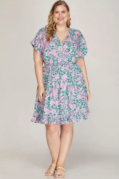 She + Sky Full Size Ruffled Hem Printed Surplice Kimono Sleeve Mini Dress Plus Size - Reed + Raven