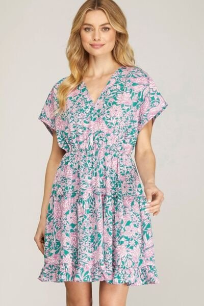 She + Sky Full Size Ruffled Hem Printed Surplice Kimono Sleeve Mini Dress Plus Size - Reed + Raven