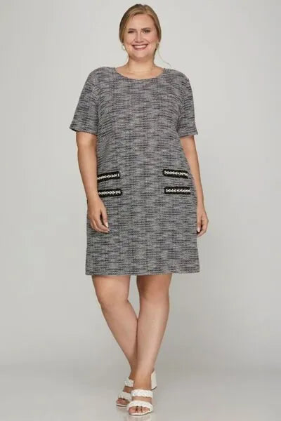 She + Sky Full Size Short Sleeve Pearl Studded Trim Knit Tweed Dress Plus Size - Reed + Raven