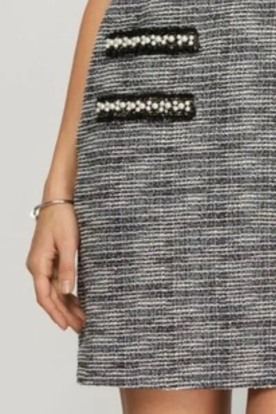 She + Sky Full Size Short Sleeve Pearl Studded Trim Knit Tweed Dress Plus Size - Reed + Raven