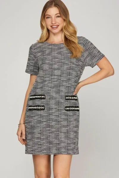 She + Sky Full Size Short Sleeve Pearl Studded Trim Knit Tweed Dress Plus Size - Reed + Raven