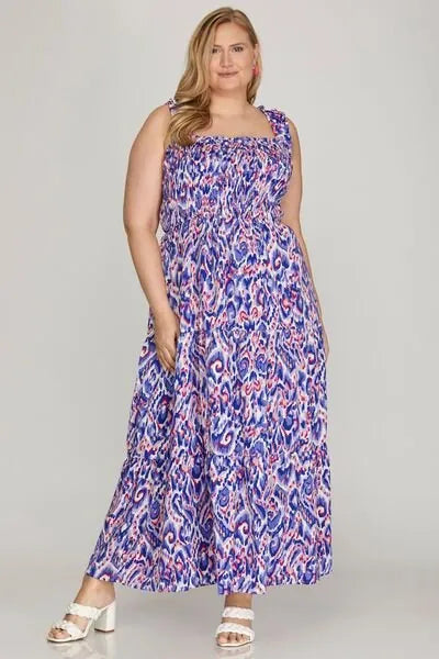 She + Sky Full Size Smocked Printed Wide Strap Tiered Dress Plus Size - Reed + Raven