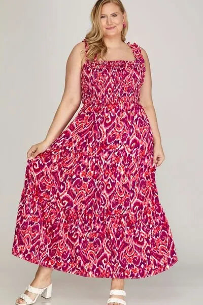 She + Sky Full Size Smocked Printed Wide Strap Tiered Dress Plus Size - Reed + Raven