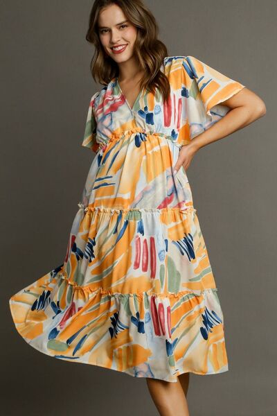 Umgee Full Size Abstract Print Flutter Sleeve Frill Tiered Midi Dress Plus Size - Reed + Raven
