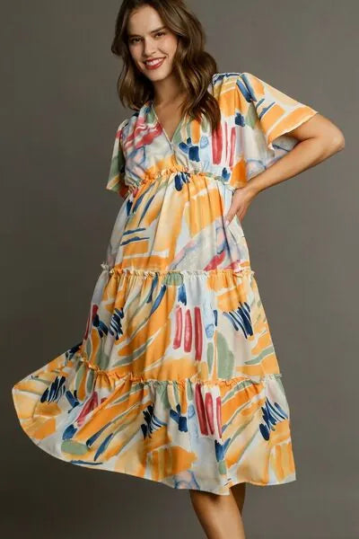 Umgee Full Size Abstract Print Flutter Sleeve Frill Tiered Midi Dress Plus Size - Reed + Raven