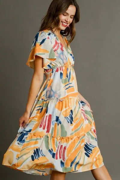 Umgee Full Size Abstract Print Flutter Sleeve Frill Tiered Midi Dress Plus Size - Reed + Raven