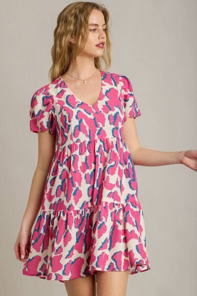 Umgee Full Size Abstract Print Pleat Detail Short Sleeve V - Neck Tiered Dress Plus Size - Reed + Raven
