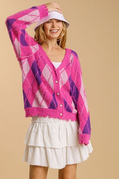 Umgee Full Size Argyle Pattern V - Neck Button Front Cardigan Plus Size - Reed + Raven