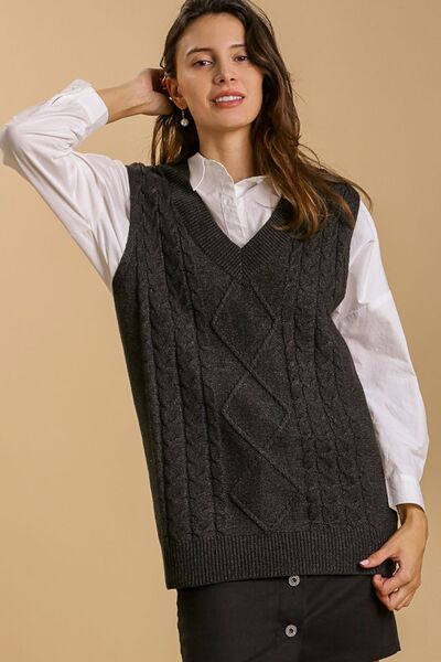 Umgee Full Size Cable V - Neck Vest Sweater Plus Size - Reed + Raven