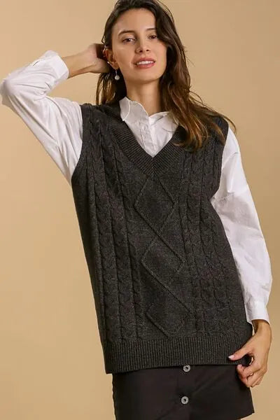 Umgee Full Size Cable V - Neck Vest Sweater Plus Size - Reed + Raven