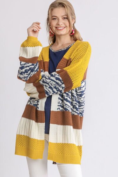 Umgee Full Size Color Block Open Front Longline Cardigan Plus Size - Reed + Raven