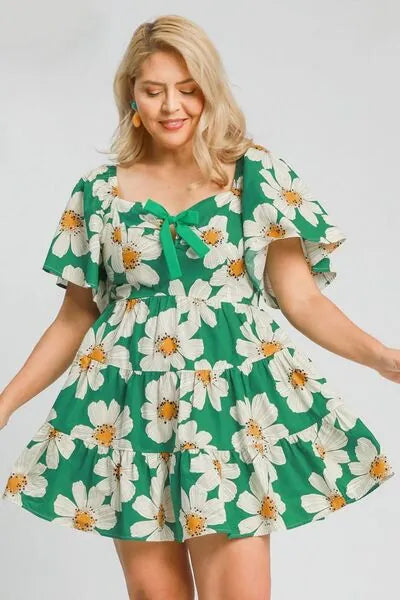 Umgee Full Size Daisy Print Mini Dress with Ribbon Details Plus Size - Reed + Raven