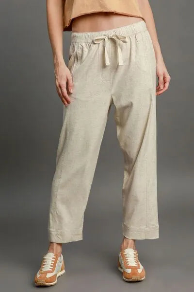 Umgee Full Size Drawstring Elastic Waistband Linen Blend Pants Plus Size - Reed + Raven