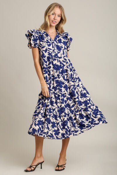 Umgee Full Size Floral Collared Ruffle Cap Sleeve Midi Dress Plus Size - Reed + Raven