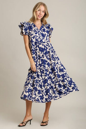 Umgee Full Size Floral Collared Ruffle Cap Sleeve Midi Dress Plus Size - Reed + Raven