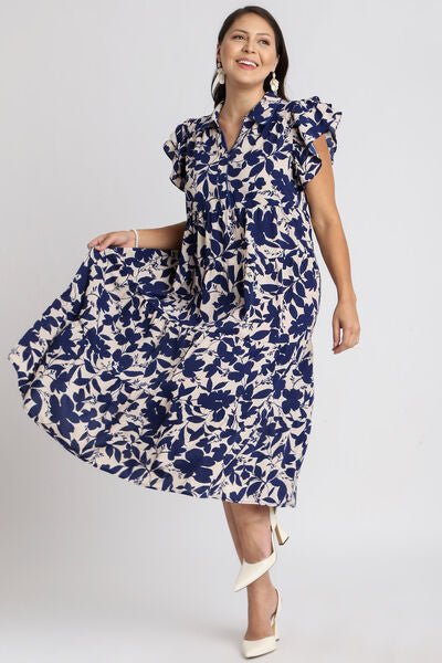Umgee Full Size Floral Collared Ruffle Cap Sleeve Midi Dress Plus Size - Reed + Raven