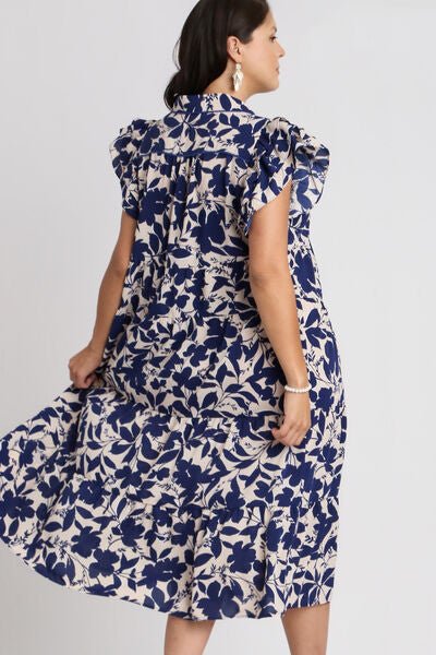 Umgee Full Size Floral Collared Ruffle Cap Sleeve Midi Dress Plus Size - Reed + Raven