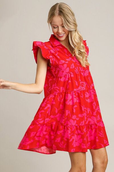Umgee Full Size Floral Print Ruffle Cap Sleeve Tiered Dress Plus Size - Reed + Raven