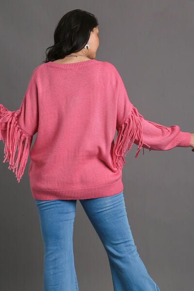 Umgee Full Size Fringe Round Neck Long Sleeve Sweater Plus Size - Reed + Raven