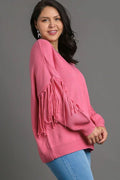 Umgee Full Size Fringe Round Neck Long Sleeve Sweater Plus Size - Reed + Raven