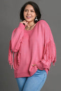 Umgee Full Size Fringe Round Neck Long Sleeve Sweater Plus Size - Reed + Raven