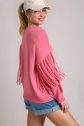 Umgee Full Size Fringe Round Neck Long Sleeve Sweater Plus Size - Reed + Raven