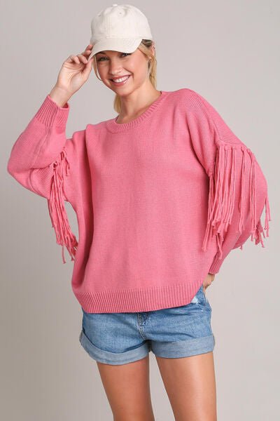 Umgee Full Size Fringe Round Neck Long Sleeve Sweater Plus Size - Reed + Raven