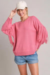 Umgee Full Size Fringe Round Neck Long Sleeve Sweater Plus Size