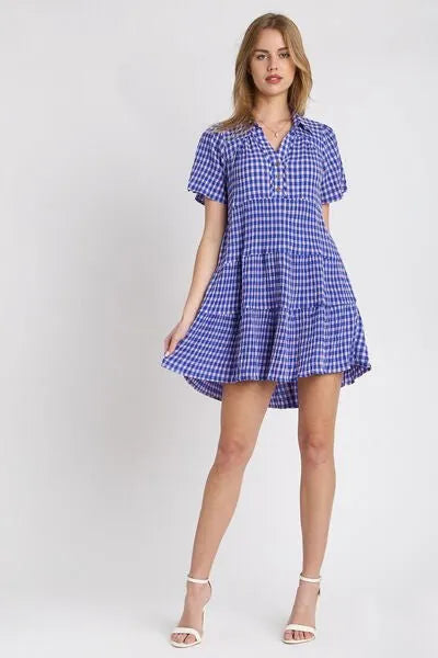 Umgee Full Size Gingham Tiered Button Detail Short Sleeve Dress Plus Size - Reed + Raven